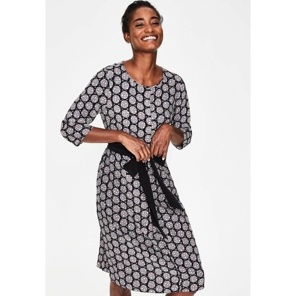 Boden Size 8R Black Pink White Star Polka Dot Ottilie Split Neck A-Line Dress